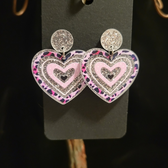 Jewelry - 2/$20 Resin Glitter Leopard Pattern Heart Earrings